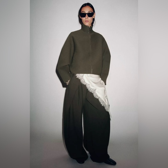 High Collar Knit Zip Up Green Grey Chrome - Picture 2 of 6